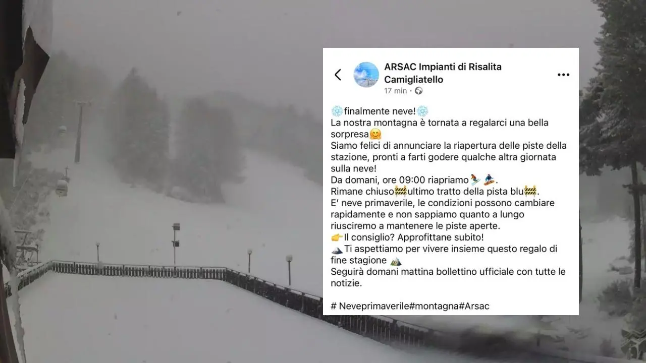 La neve imbianca la Calabria e domani in Sila riaprono le piste, l’Arsac: «Non sappiamo per quanto, approfittatene subito»\n