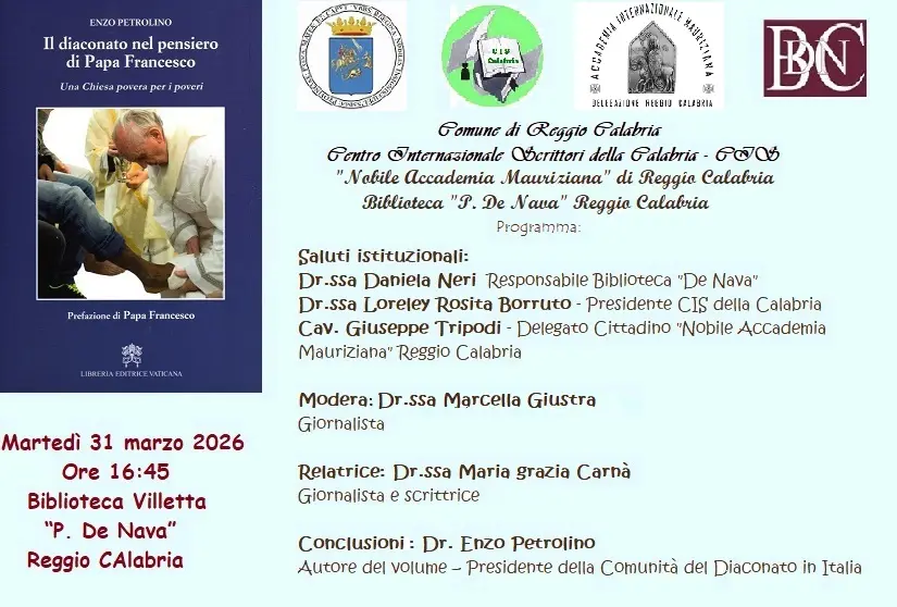 Reggio, domani la presentazione del volume “Il diaconato nel pensiero di Papa Francesco” di Enzo Petrolino\n