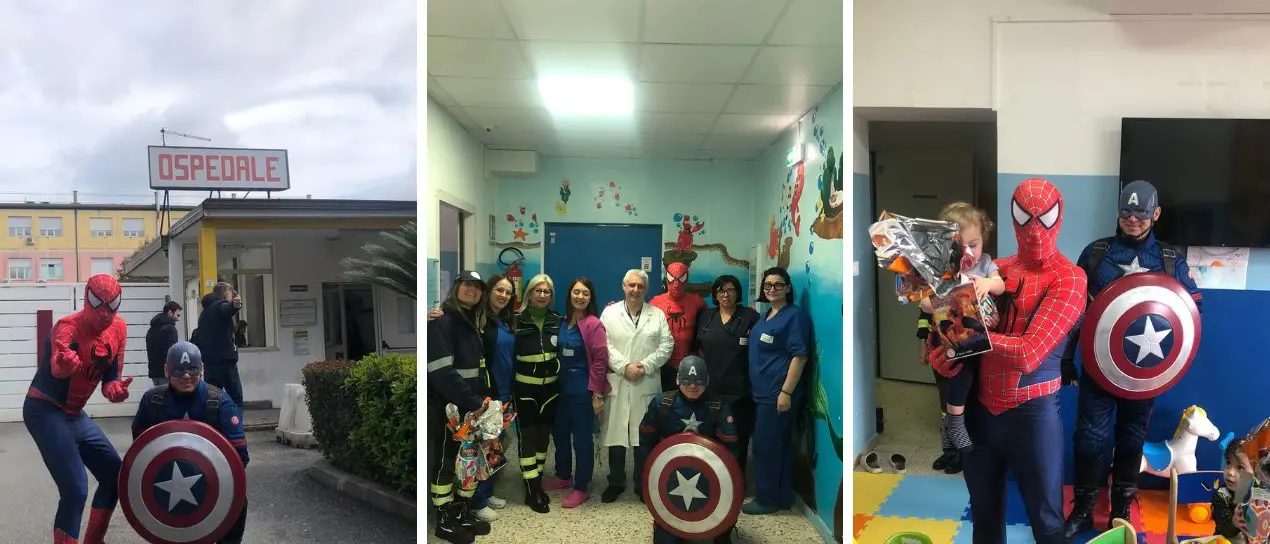 Doni e sorrisi per i bimbi ricoverati all’ospedale di Vibo: i “supereroi” dell’Augustus di Filadelfia in corsia\n
