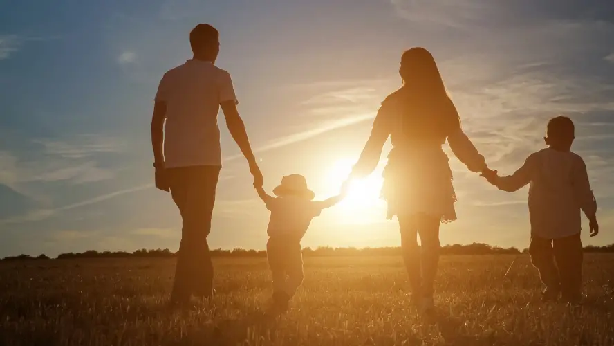 Family with children sons silhouettes walks joining hands along shadowed field at back setting sun in summer under blue sky backside view, sunlight