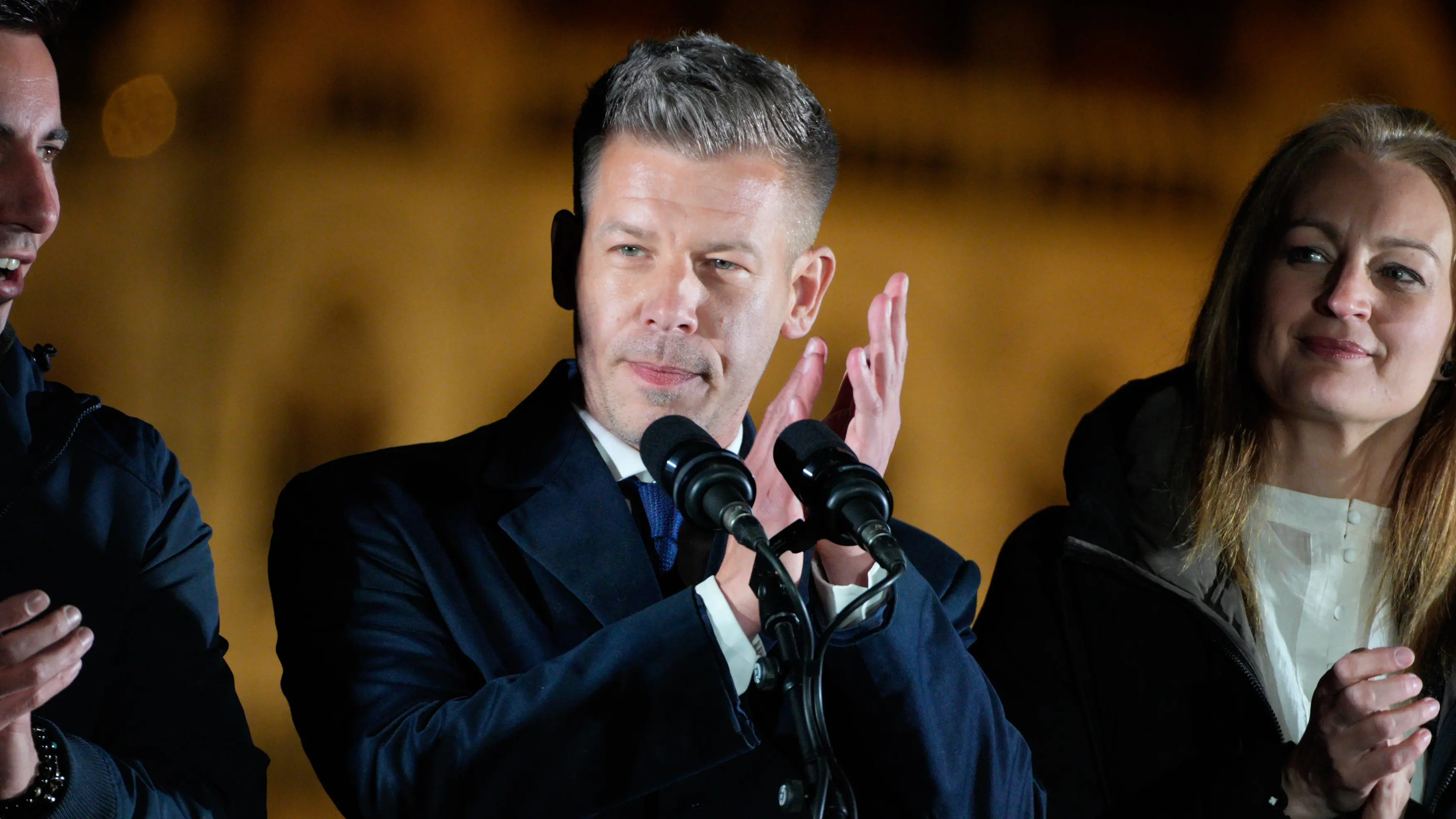 Opposition candidate Peter Magyar is seen speaking at the Tisza election evening event in Budapest, Hungary on 12 April, 2026. (Photo by Jaap Arriens / Sipa USA) , Jaap Arriens/Sipa USA