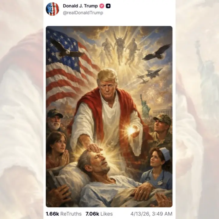 Dopo l’attacco al Papa\u00A0l’ultima uscita di\u00A0Trump sui social:\u00A0nell'immagine Ai come Gesù si illumina di luce divina\n