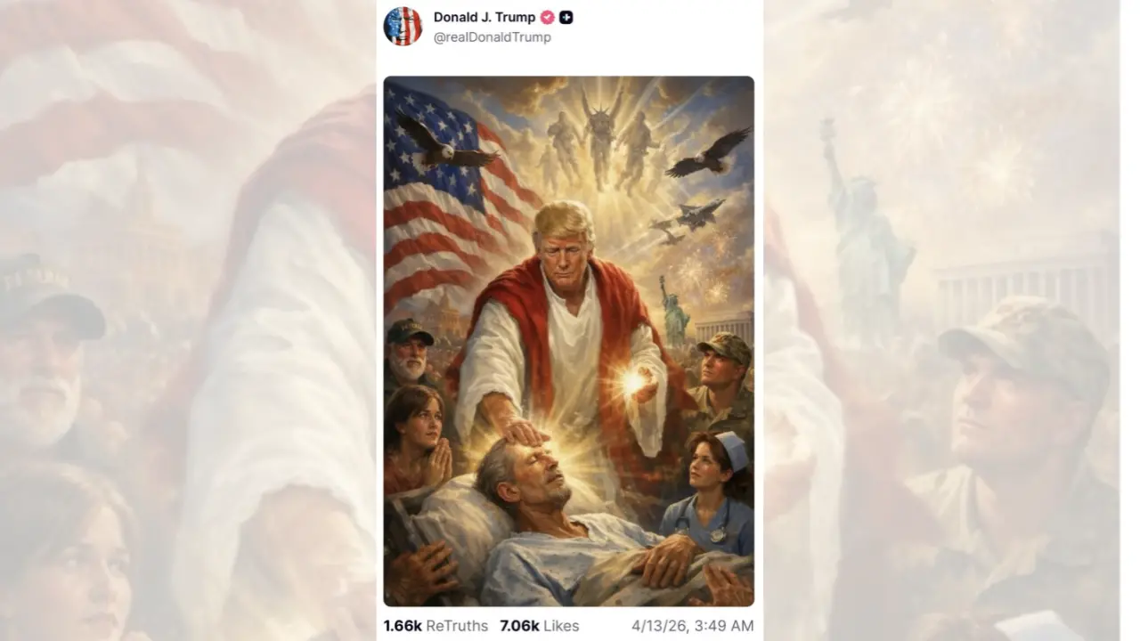 Dopo l’attacco al Papa\u00A0l’ultima uscita di\u00A0Trump sui social:\u00A0nell'immagine Ai come Gesù si illumina di luce divina\n