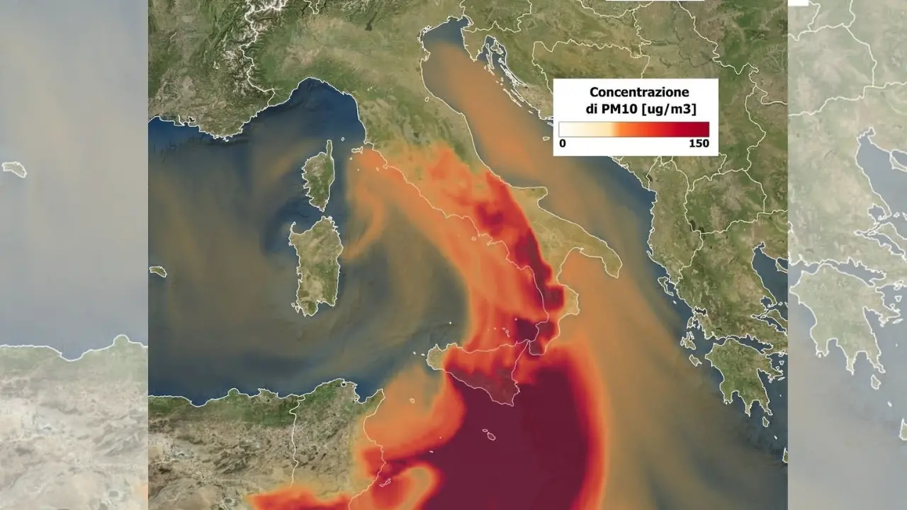 <p>La&nbsp;mappa della concentrazione di pulviscolo desertico sulla Calabria, generata da Copernicus</p>\\n