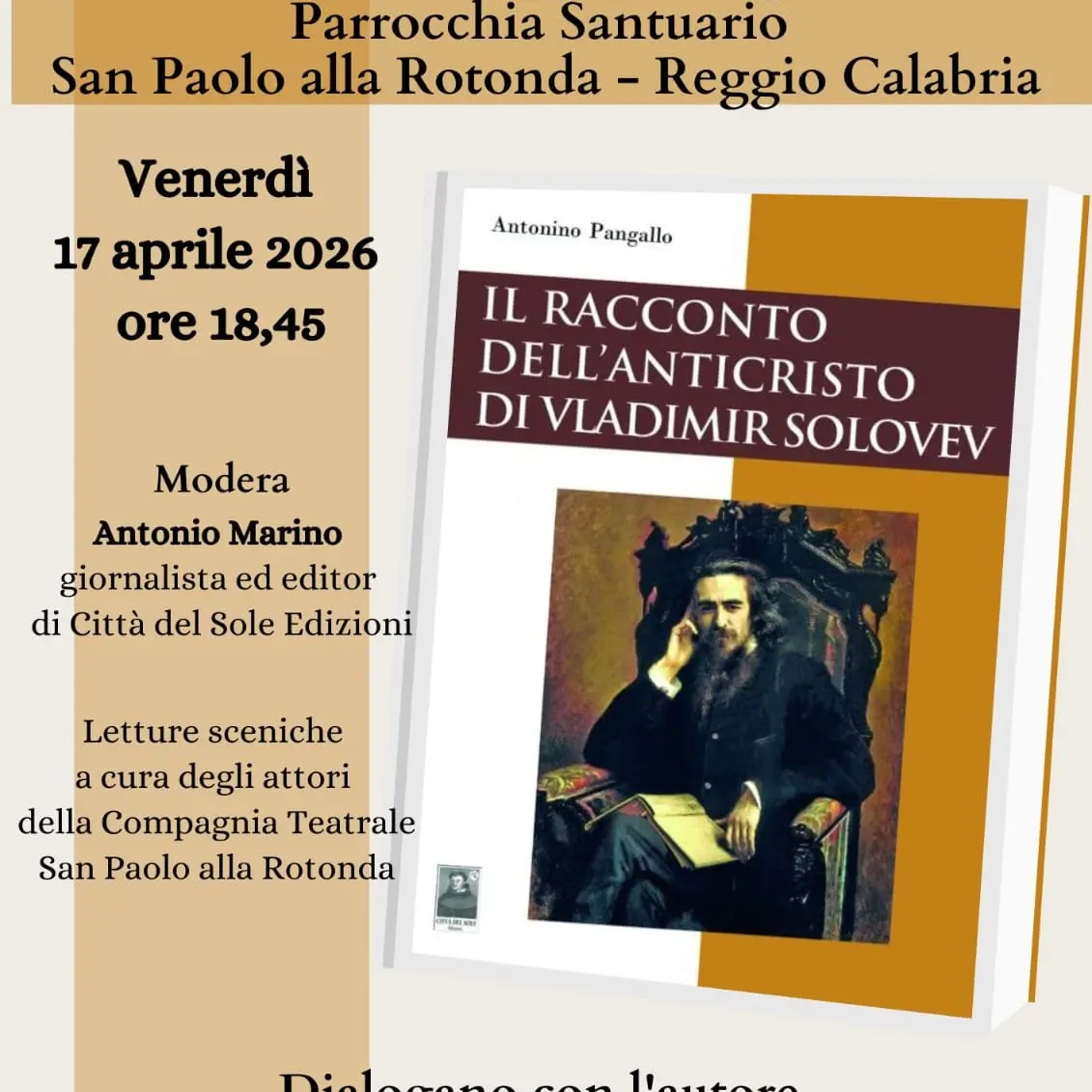 Reggio,\u00A0incontro dedicato a “Il racconto dell’Anticristo\u00A0di Vladimir Solovev”\u00A0scritto da\u00A0don Antonino Pangallo\n