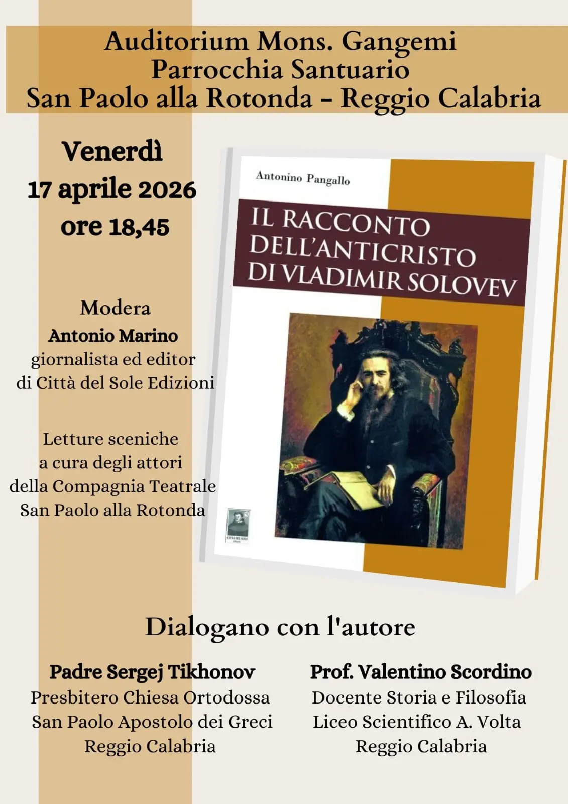 Reggio,\u00A0incontro dedicato a “Il racconto dell’Anticristo\u00A0di Vladimir Solovev”\u00A0scritto da\u00A0don Antonino Pangallo\n