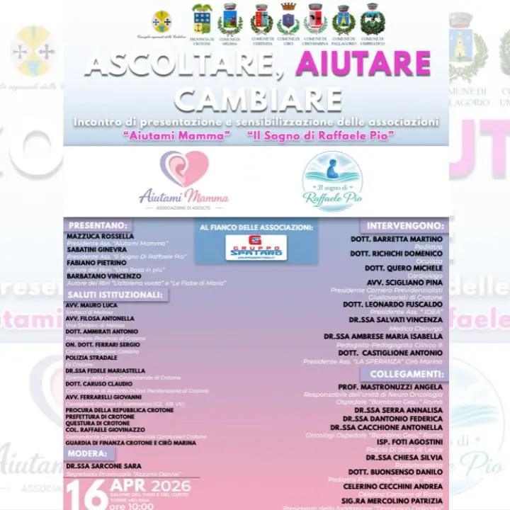 “Ascoltare, Aiutare, Cambiare”, a Torre Melissa un\u00A0evento su inclusione e supporto sociale\n