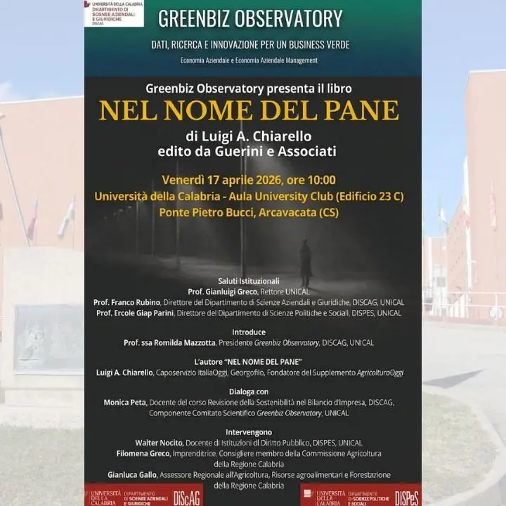 Unical, domani la presentazione del libro “Nel nome del pane” di Luigi Chiarello\n