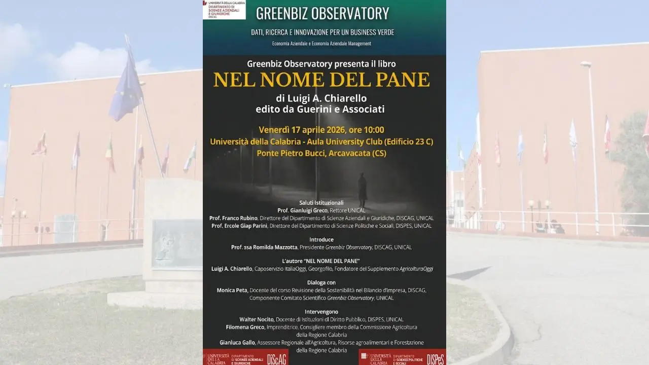 Unical, domani la presentazione del libro “Nel nome del pane” di Luigi Chiarello\n