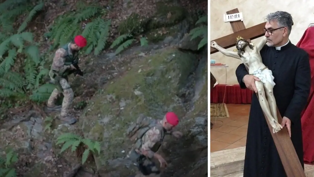 <p>A sinistra i Cacciatori di Calabria in azione, a destra don Mario Fusc&agrave;</p>\\n