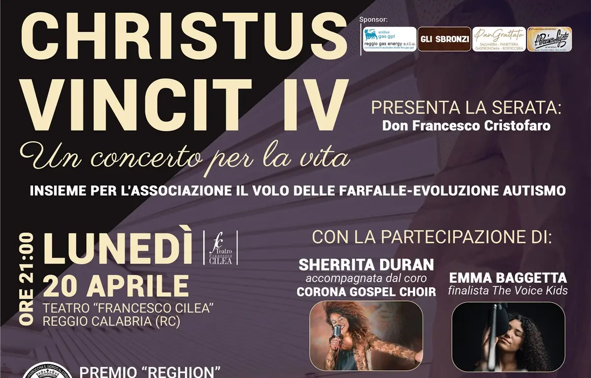 “Christus Vincit IV\u00A0– Un Concerto per la Vita”\u00A0lunedì al teatro\u00A0Cilea \n