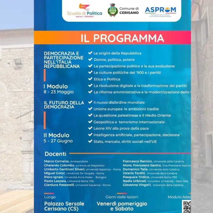 Cerisano, nasce la Scuola di politica: docenti internazionali e studenti da tutta Italia\n