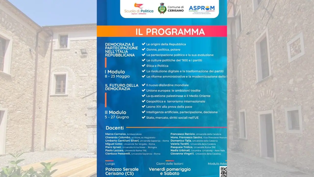 Cerisano, nasce la Scuola di politica: docenti internazionali e studenti da tutta Italia\n