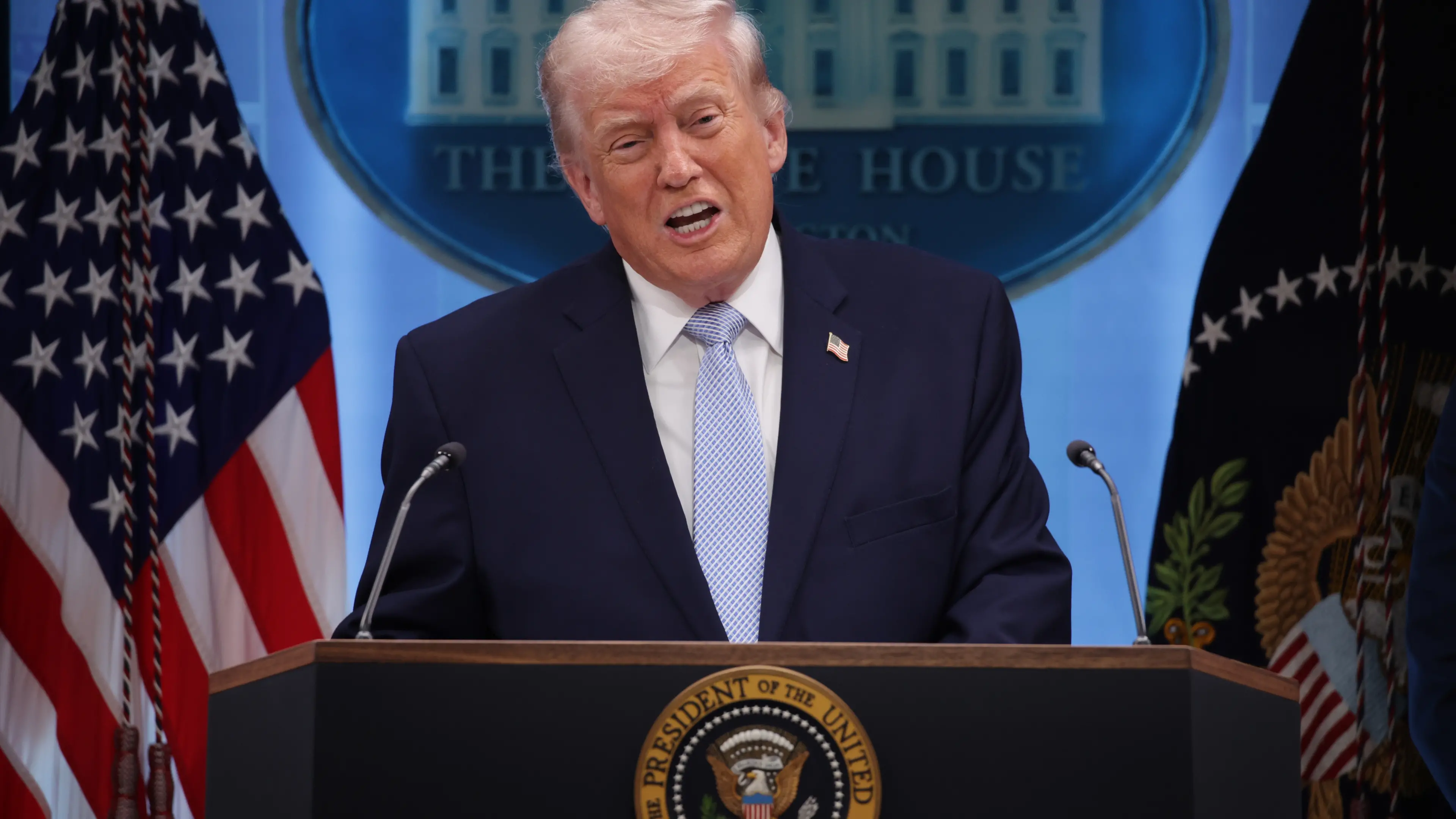 U.S. President Donald Trump speaks during a press conference on US service member rescue in Iran in the James S. Brady Press Briefing Room at the White House on April 6, 2026 in Washington, D.C. (Photo by Samuel Corum/Sipa USA) , Samuel Corum/Sipa USA