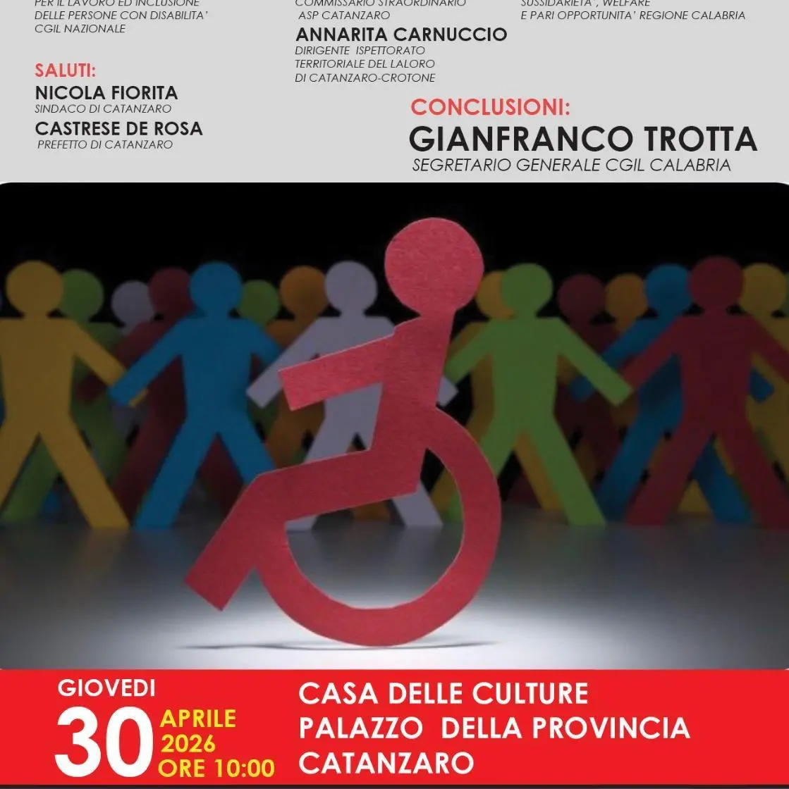 Disabilità, nuovo approccio all’inclusione: giovedì 30 aprile alle 10 a Catanzaro il confronto promosso dalla Cgil Area Vasta\n