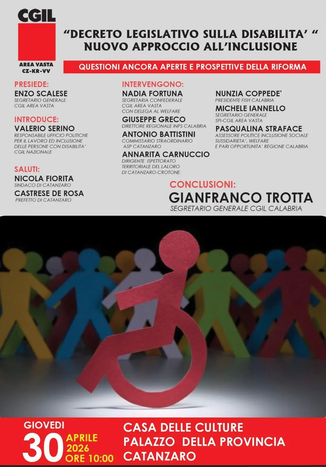 Disabilità, nuovo approccio all’inclusione: giovedì 30 aprile alle 10 a Catanzaro il confronto promosso dalla Cgil Area Vasta\n
