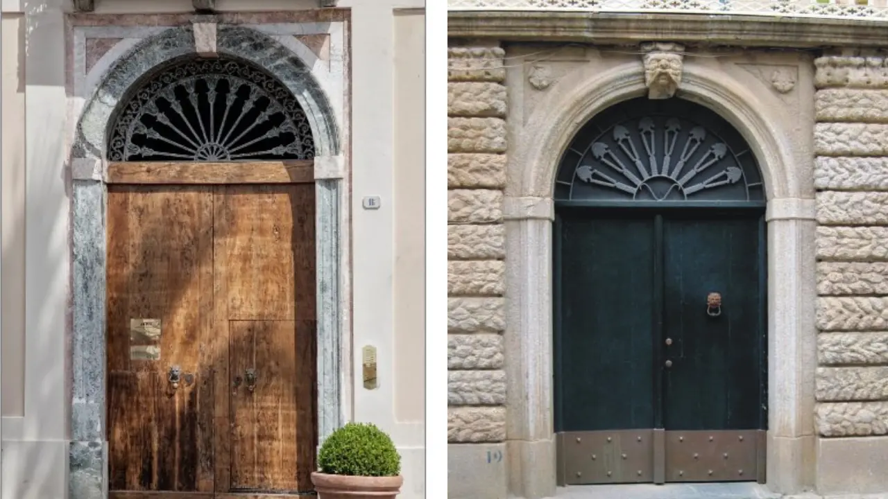 <p>Da sinistra il portone di Palazzo Murmura e quello di Palazzo Scrugli</p>\\n
