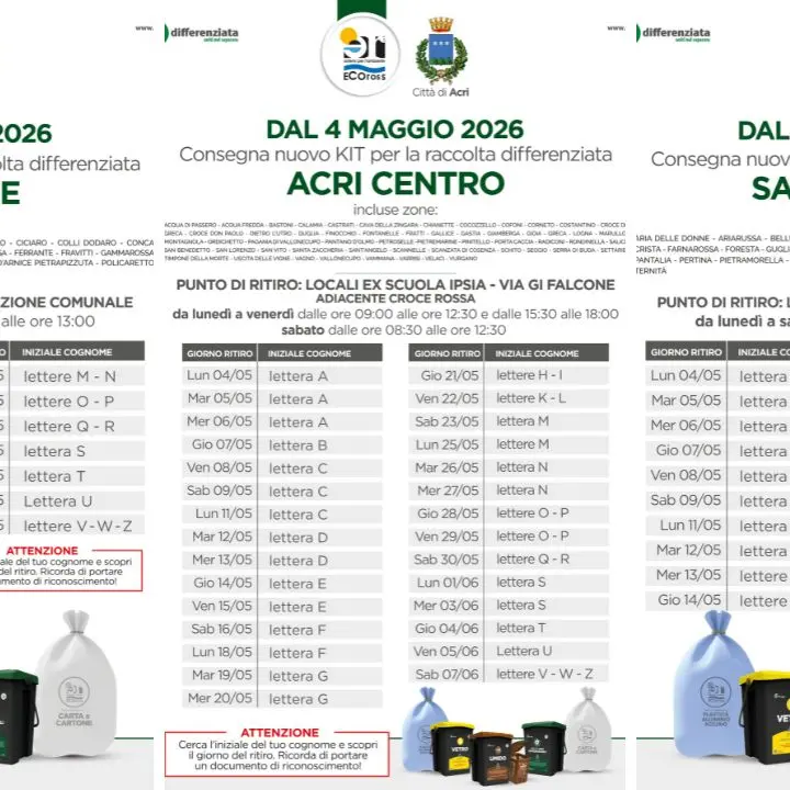 Acri punta sulla raccolta differenziata “spinta”: al via la distribuzione dei kit\n