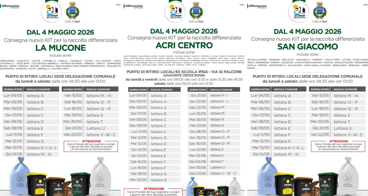 Acri punta sulla raccolta differenziata “spinta”: al via la distribuzione dei kit\n