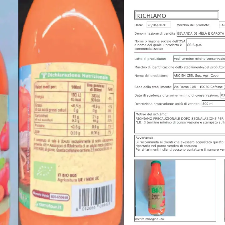 Carrefour richiama succo Bio: possibile presenza di vetro nelle bottiglie\n