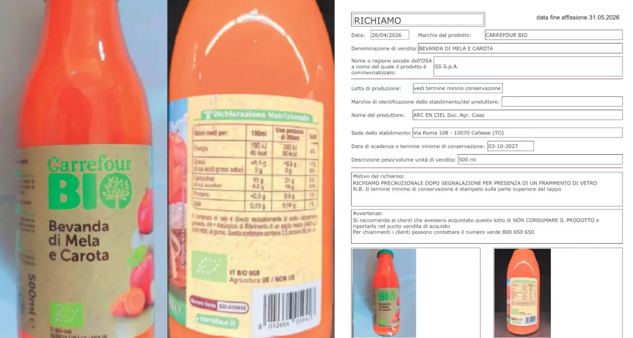 Carrefour richiama succo Bio: possibile presenza di vetro nelle bottiglie\n