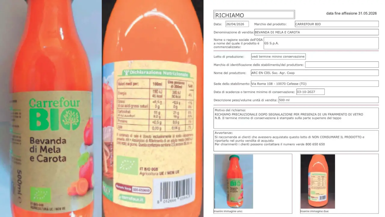 Carrefour richiama succo Bio: possibile presenza di vetro nelle bottiglie\n