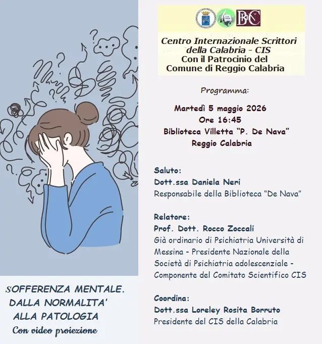 Reggio, il Cis della Calabria\u00A0promuove l’incontro “Sofferenza mentale. Dalla normalità alla patologia”\n