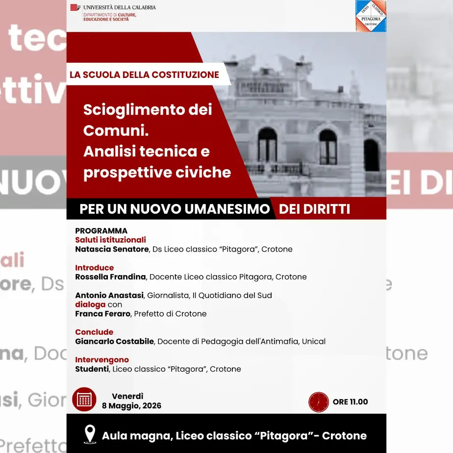 “La scuola della Costituzione”: a Crotone un’analisi tecnica e civile sullo scioglimento dei Comuni\n