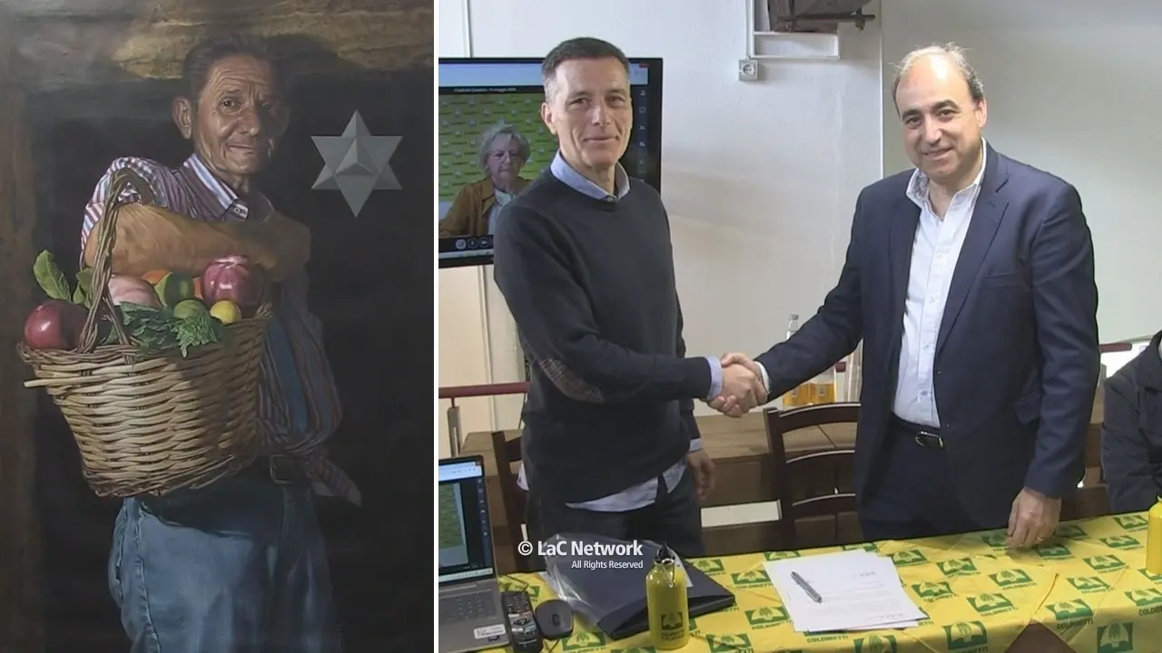 <p>A sinistra l'opera Sostanza identitaria. A destra l'artista Adolfo Magnelli con il presidente regionale di Coldiretti Calabria Franco Aceto</p>\\n