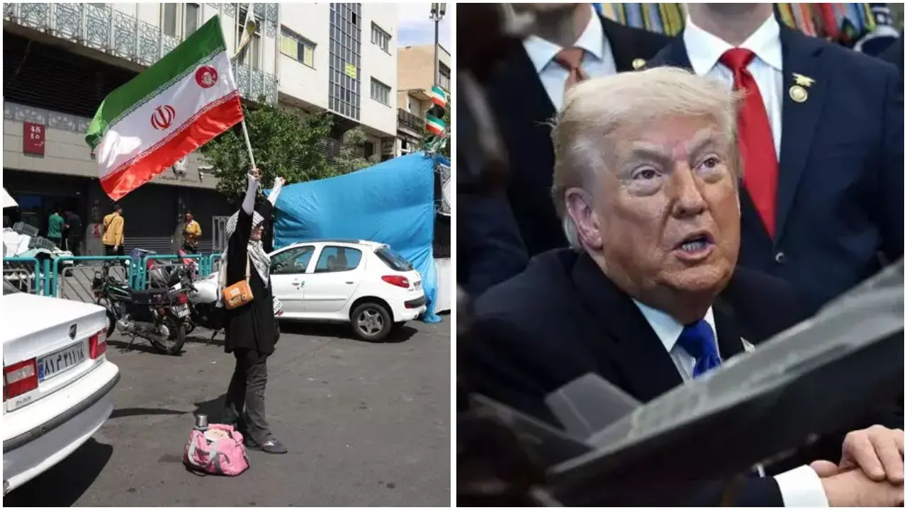 <p>A sinistra, una donna sventola la bandiera iraniana a Teheran (Ansa). A destra Donald Trump</p>\\n