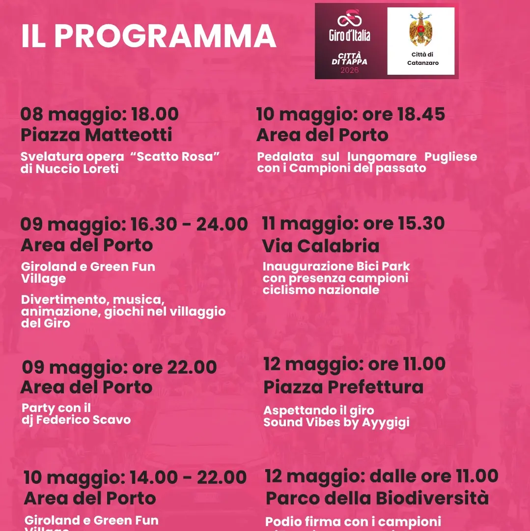 Catanzaro si prepara a vivere la grande festa del Giro d’Italia: domani l'inaugurazione del villaggio nell'area del porto (PROGRAMMA)\n