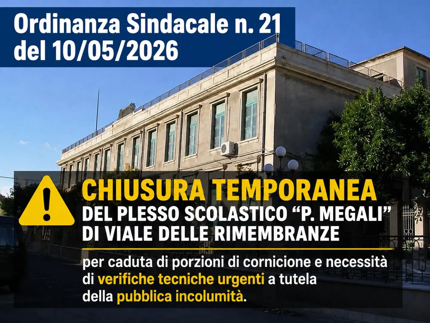 Melito Porto Salvo, crolla parte del cornicione al plesso “P. Megali”: scuola chiusa e lezioni trasferite in altre sedi\n