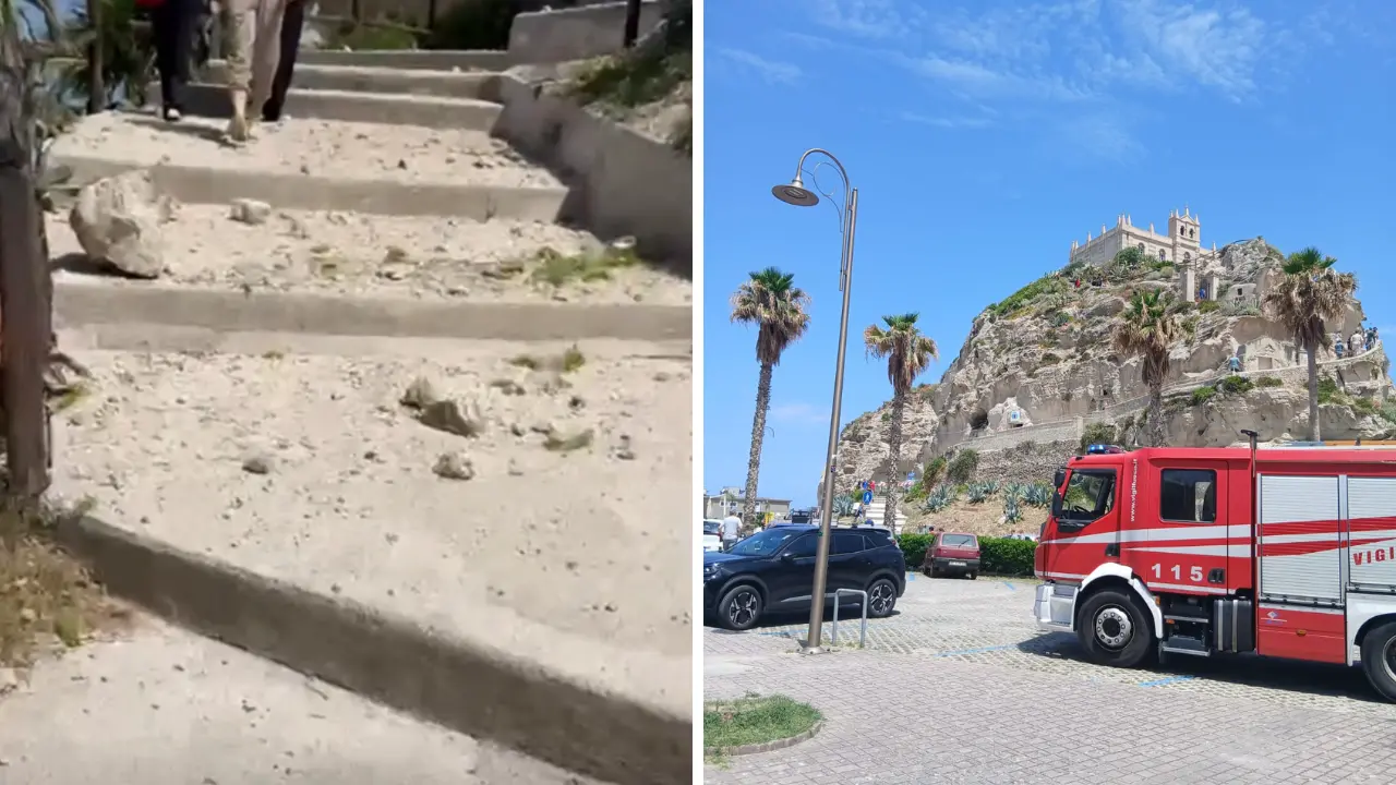 <p>I sassi caduti sulla scalinata che conduce al santuario</p>\\n