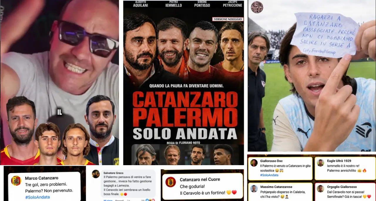 Il Catanzaro stende il Palermo 3-0 e\u00A0il web si scatena tra\u00A0meme\u00A0e sfottò: «Compà\u00A0non succede, ma se succede!»\n