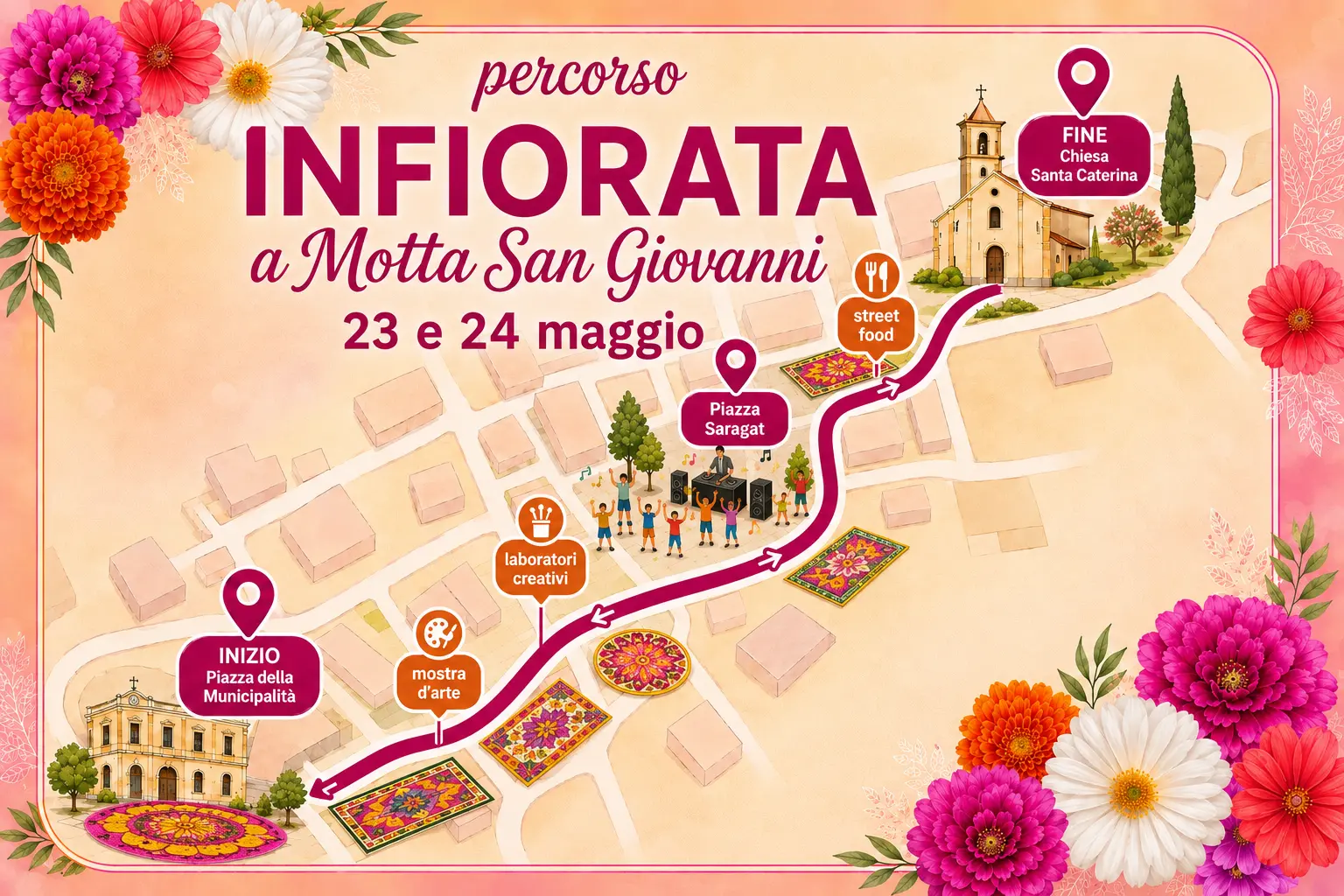Motta San Giovanni si colora con la prima Infiorata: arte, fiori e musica nel cuore del paese\n