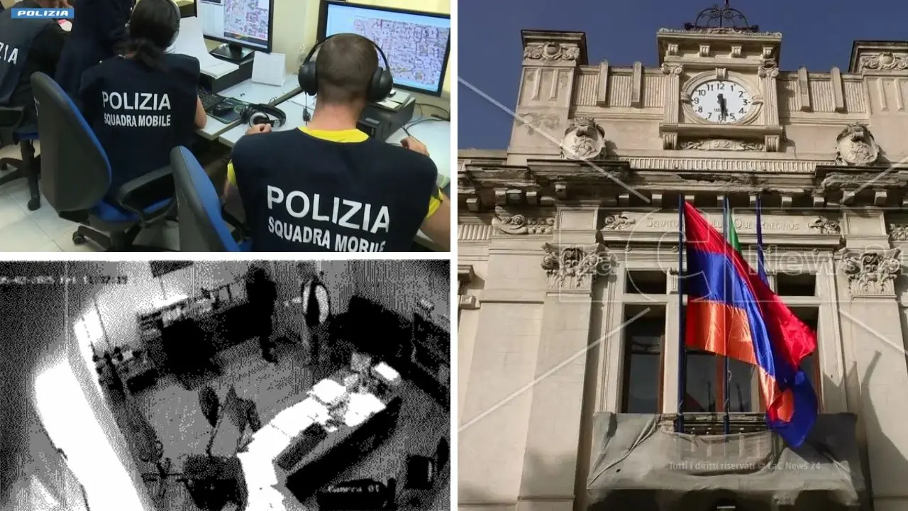 <p>Palazzo San Giorgio e, in basso a sinistra, uno dei video registrati dagli investigatori nell'ufficio di Arcano</p>\\n