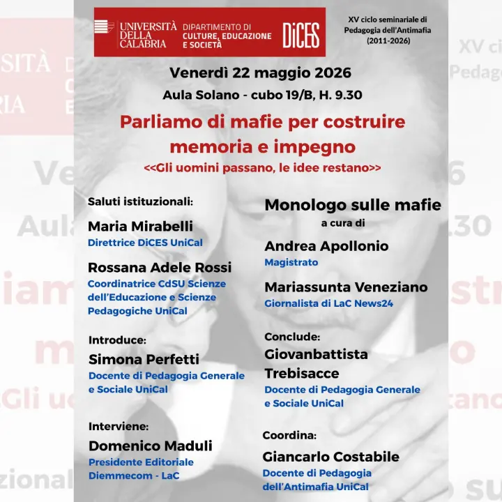 Un monologo per custodire la memoria della lotta contro le mafie: l’Unical e LaC insieme per la cultura della legalità\n