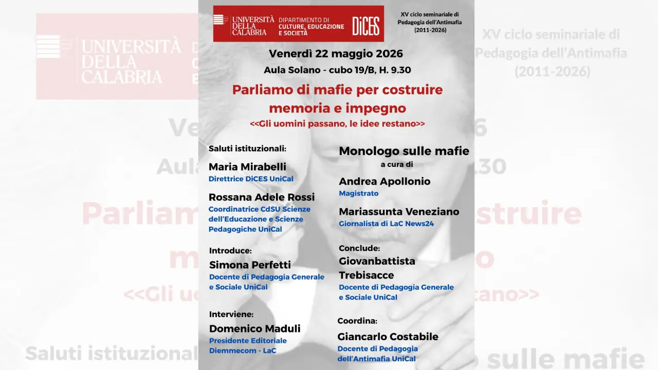 Un monologo per custodire la memoria della lotta contro le mafie: l’Unical e LaC insieme per la cultura della legalità\n