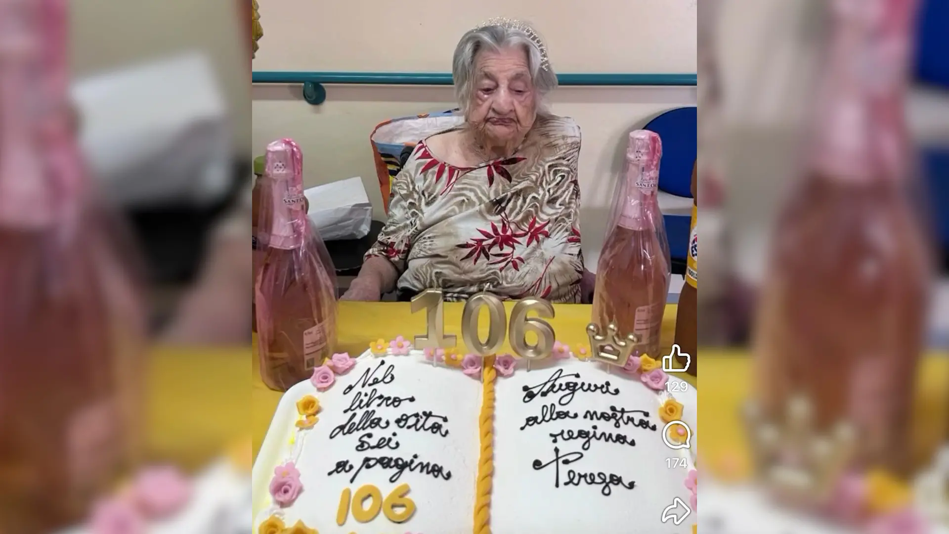 <p>La signora Teresa Crusco davanti alla sua torta di compleanno</p>\\n