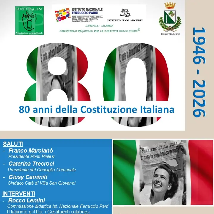 Ottant’anni dalla nascita della Repubblica: a Villa San Giovanni un incontro per rileggere la storia e il contributo della Calabria\n