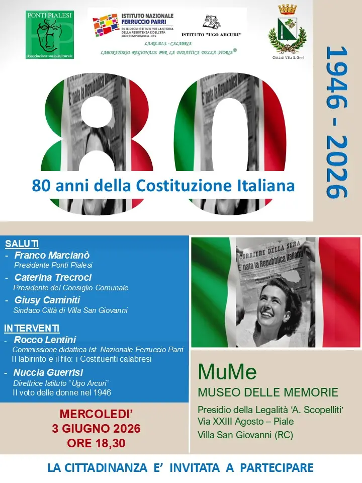 Ottant’anni dalla nascita della Repubblica: a Villa San Giovanni un incontro per rileggere la storia e il contributo della Calabria\n