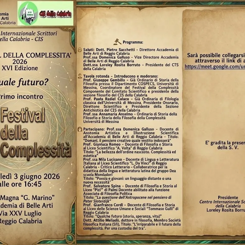 Reggio,\u00A0il primo evento del Festival della Complessità 2026\n