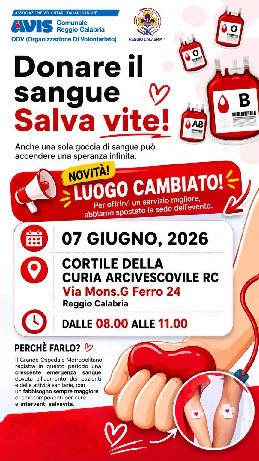 Reggio Calabria, l’Avis promuove una nuova giornata dedicata alla donazione del sangue il 7 giugno\n