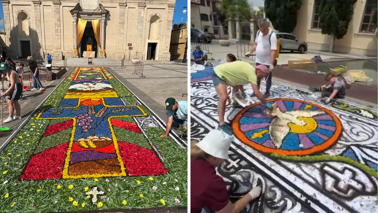 Vibo, incanta l’infiorata per il Corpus Domini davanti al Duomo: «Un tappeto di petali per il Santissimo sacramento»\n