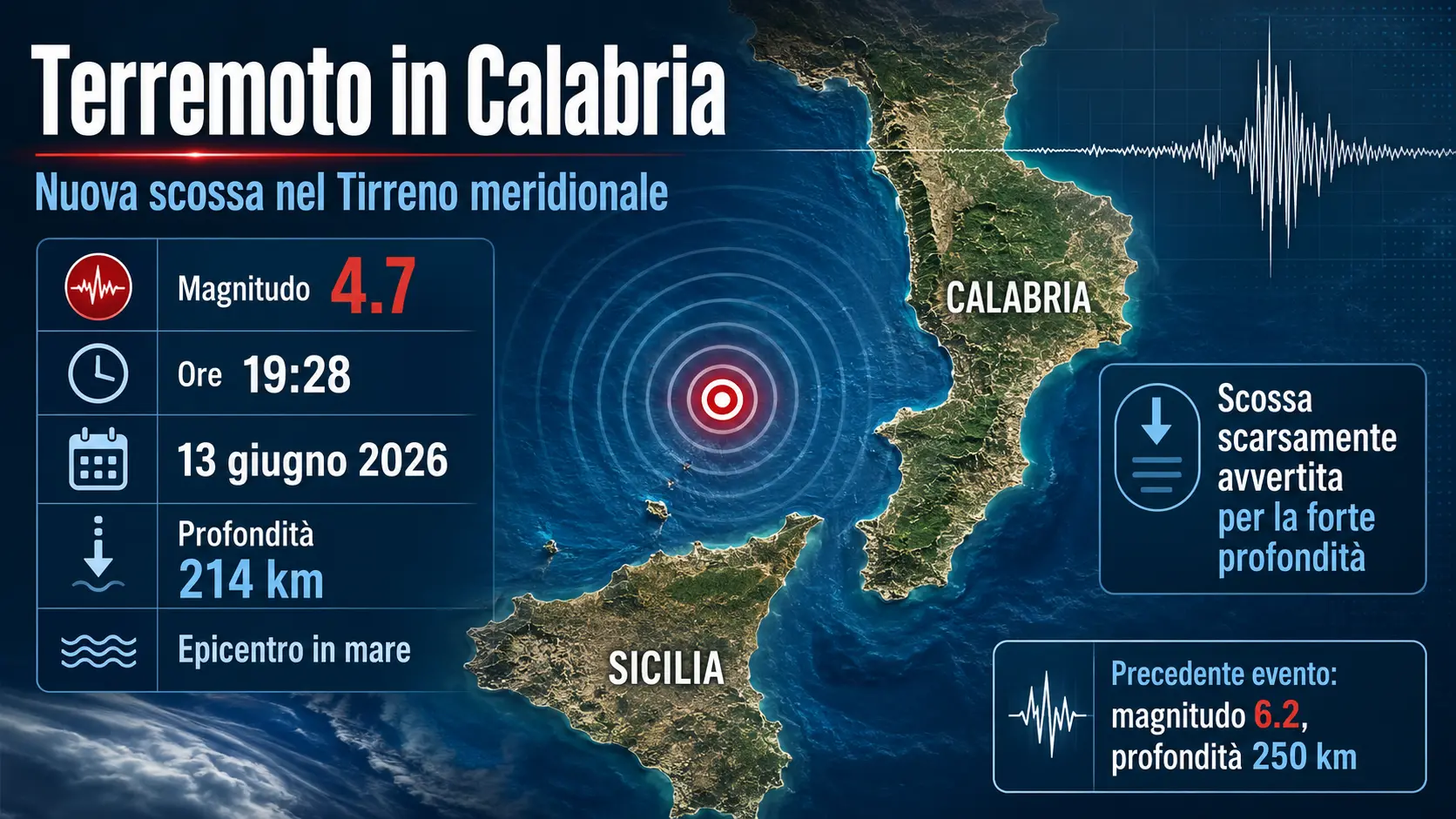 Terremoto al largo di Tropea,\u00A0magnitudo 4.7 a 214 chilometri di profondità: forte ma poco avvertito dalla popolazione\n