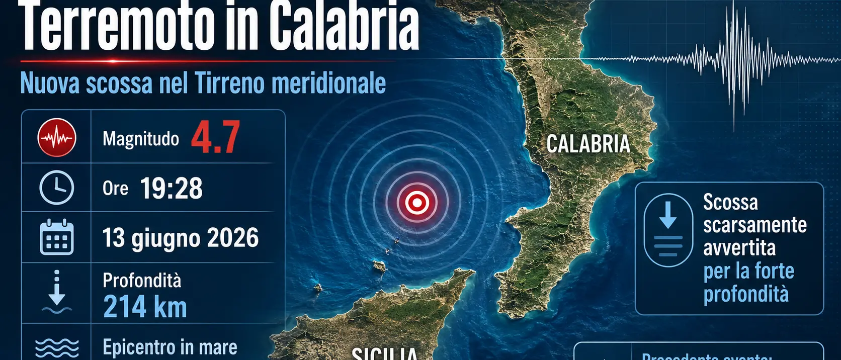 Terremoto al largo di Tropea,\u00A0magnitudo 4.7 a 214 chilometri di profondità: forte ma poco avvertito dalla popolazione\n