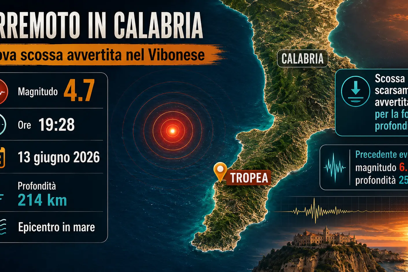 <p>Terremoto al largo di Tropea, magnitudo 4.7 a 214 chilometri di profondità: forte ma poco avvertito dalla popolazione</p>