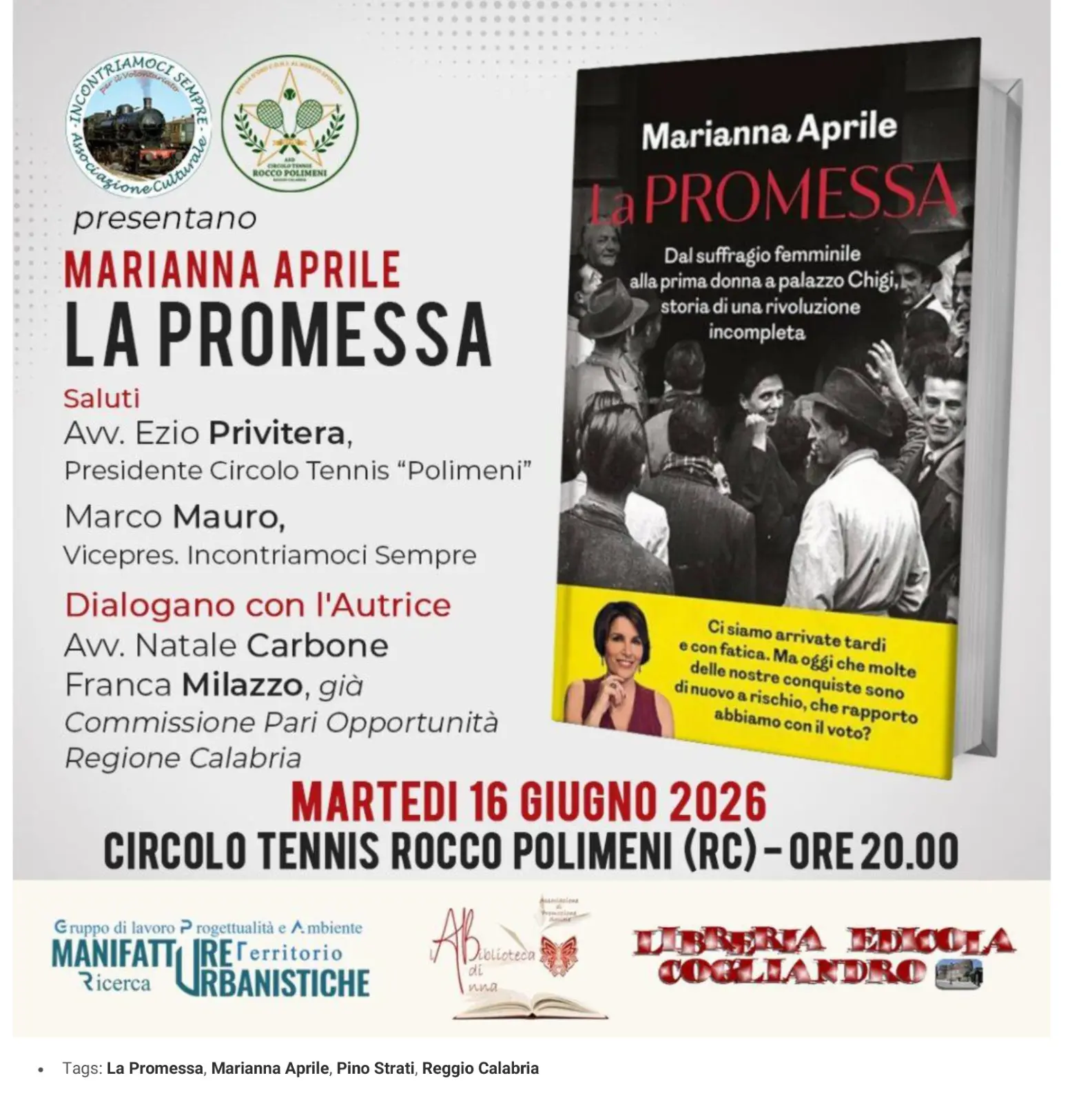 Reggio, al Circolo Polimeni una serata tra storia, diritti e memoria con Marianna Aprile\n