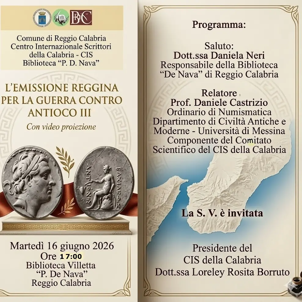 Reggio, domani la conferenza\u00A0“L’emissione reggina per la guerra contro Antioco III°”\n
