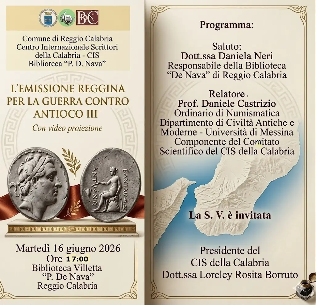 Reggio, domani la conferenza\u00A0“L’emissione reggina per la guerra contro Antioco III°”\n
